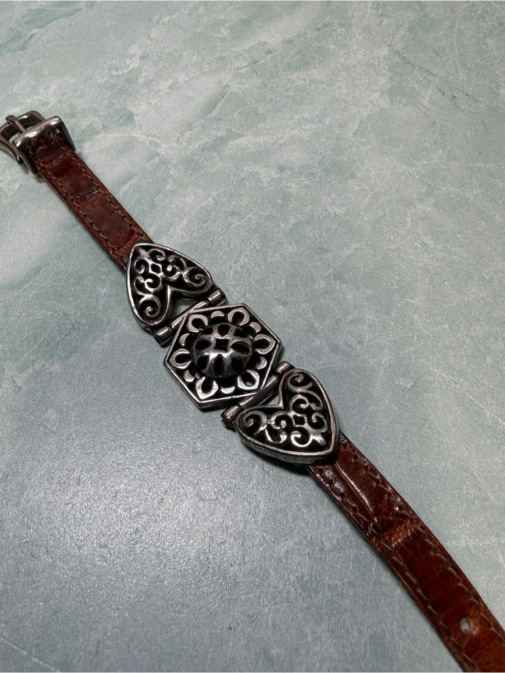 Brighton brown leather bracelet with silver tone heart detail belt style